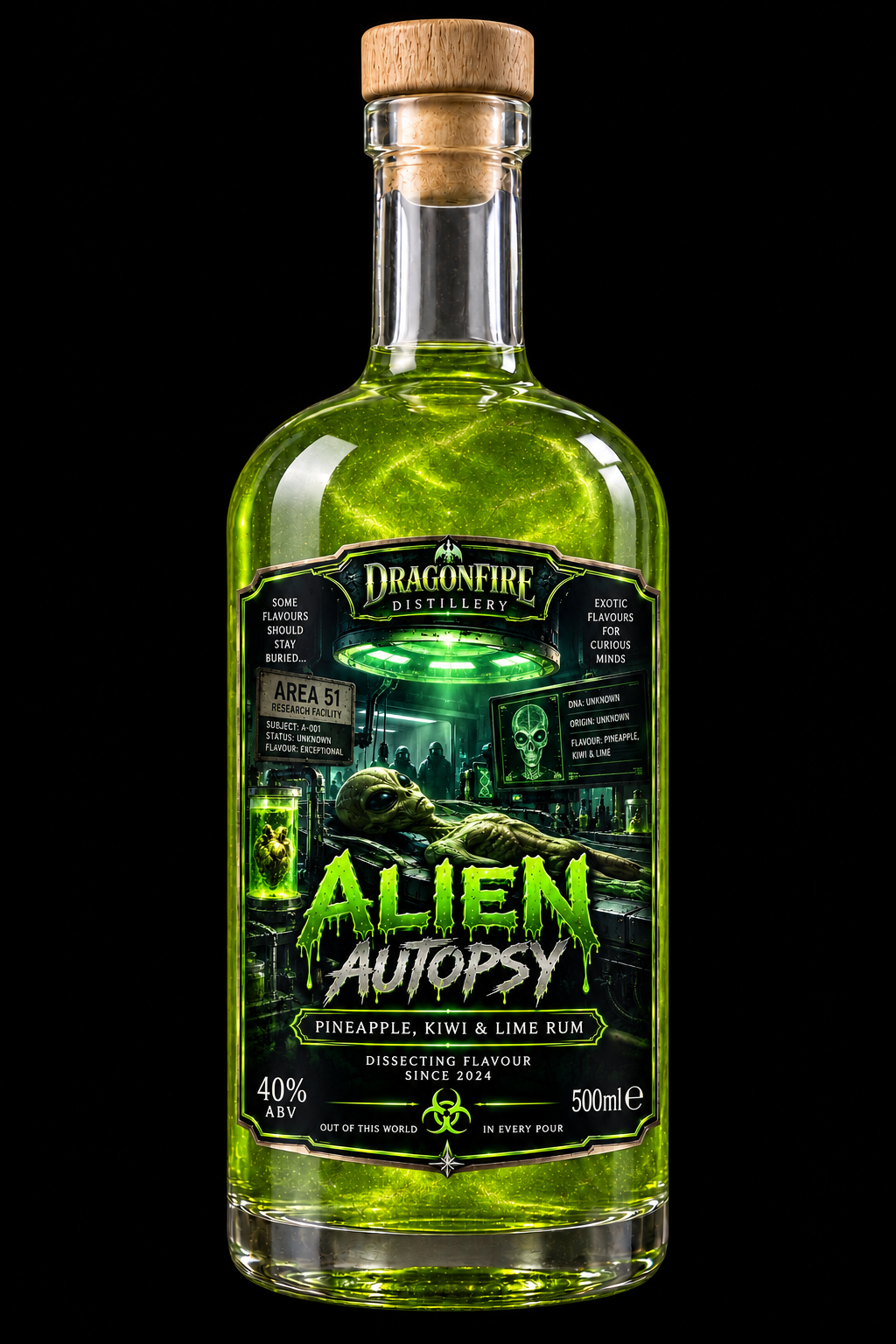 Alien Autopsy bottle with Dragonfire Distillery label