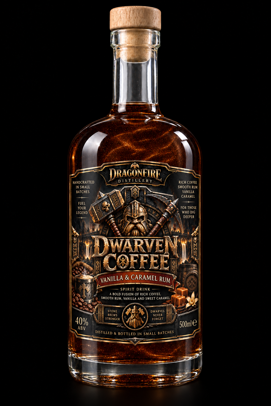 Dwarven Coffee bottle with Dragonfire Distillery label