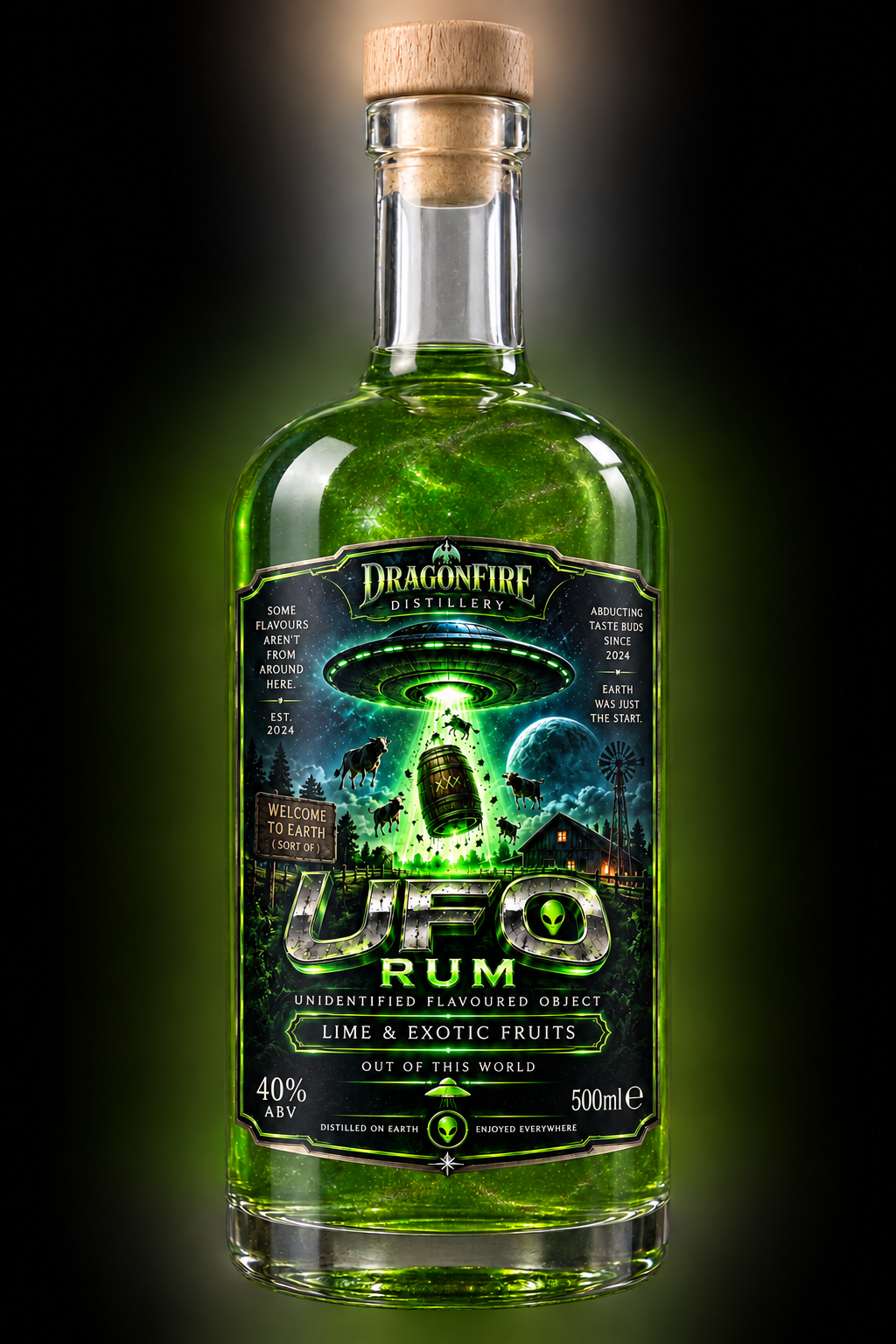 UFO Rum bottle with Dragonfire Distillery label